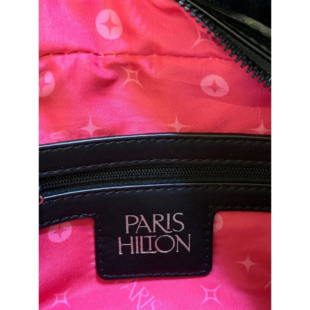 Y2K Paris Hilton Faux Fur Hobo Bag Women Small Black Rhinestone P Bling Patch